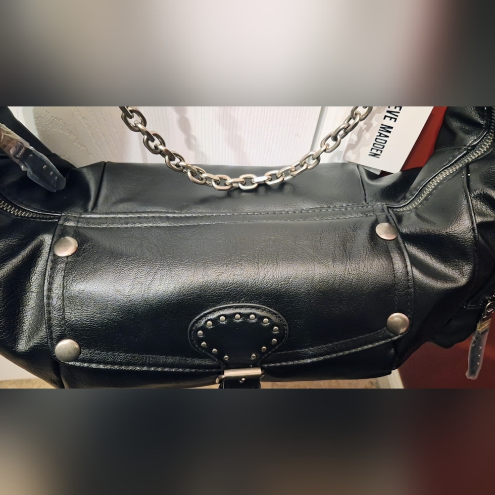 NWT Steve Madden BBRONX Satchel - Black Moto Studded Bag with Chain - Picture 6 of 15